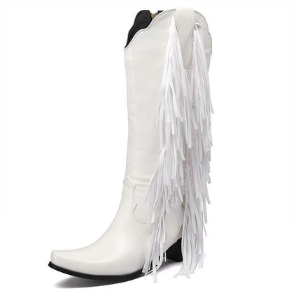 Women's Mid Heel High Boots But Not Knee Chunky Heel Fringed Boots 25406999C