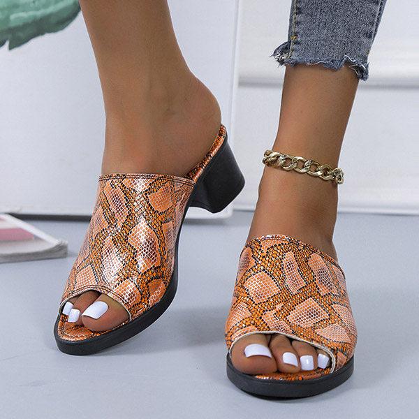 Women's Fashion Snake-print Chunky Heel Slippers