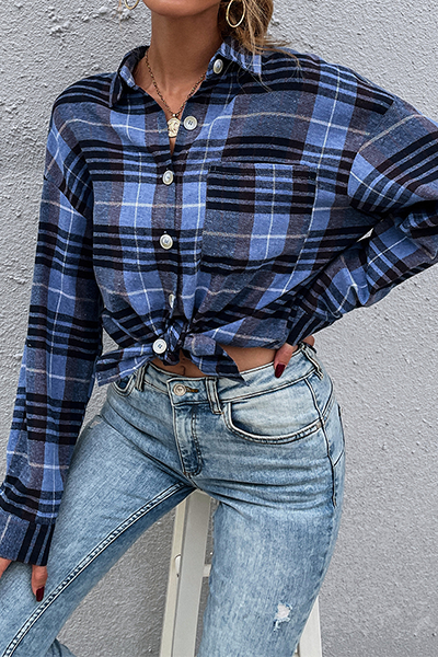 Casual Plaid Split Joint Buckle Turndown Collar Tops