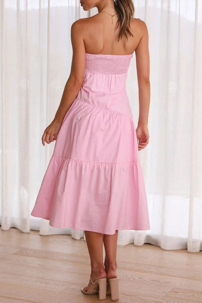 Sweet Elegant Solid Fold Strapless Waist Skirt Dresses