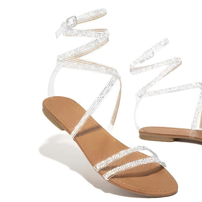 Rhinestone Ankle Strap Sandals - Elegant Flat Open Toe Shoes for Women