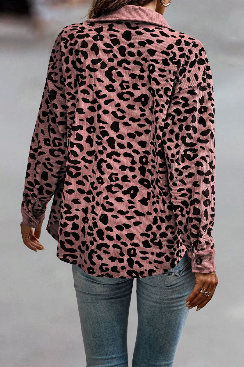 Casual Sweet Leopard Pocket Turndown Collar Tops(4 Colors)