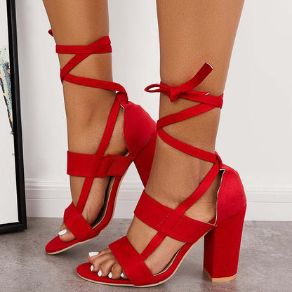 Lace Up Chunky Block High Heel Sandals Ankle Strap Dress Heels