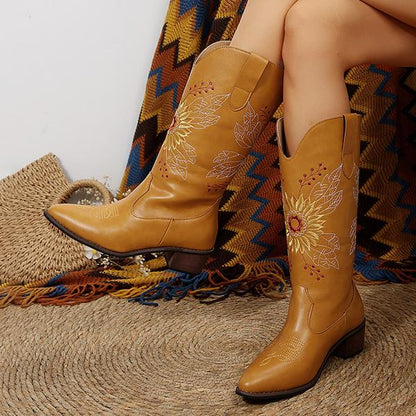 Women's Fashion Sunflower Embroidery Tall Boots 87416869S