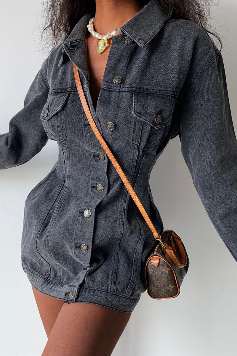 Fashion Casual Solid Split Joint Turndown Collar Long Sleeve Regular Denim Dresses