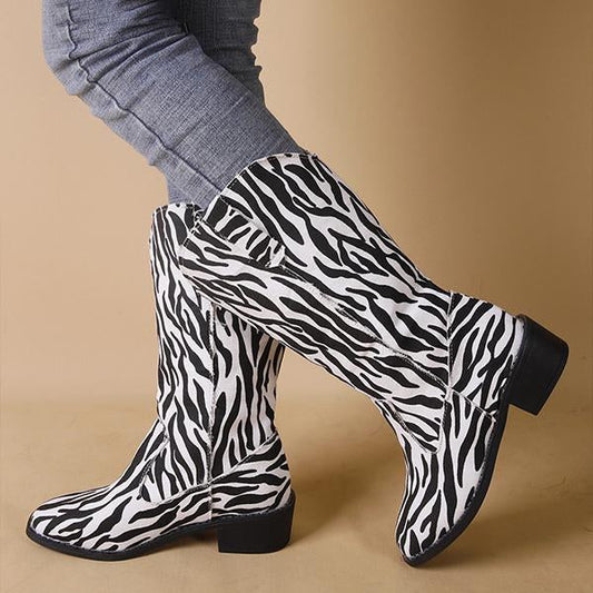 Women's Fashion Zebra Pattern Chunky Heel Mid-Calf Boots 69176573S