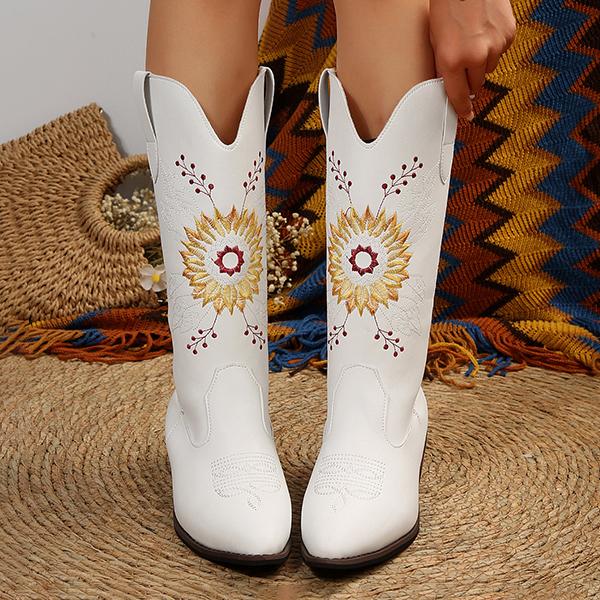 Women's Fashion Sunflower Embroidery Tall Boots 87416869S