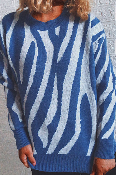 Street Striped Split Joint  Contrast O Neck Tops Sweater