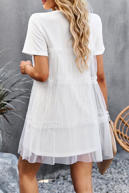 Sweet Elegant Solid Mesh O Neck Short Sleeve Dress