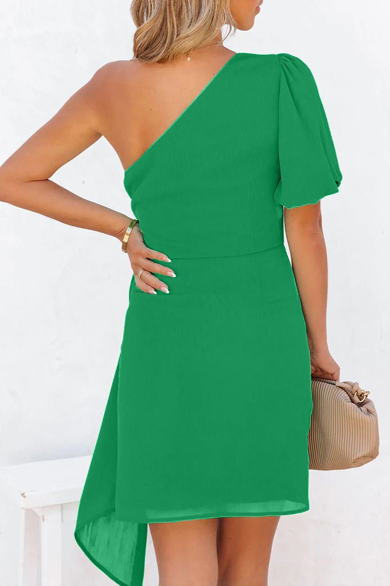 Elegant Solid Bandage Asymmetrical Oblique Collar Irregular Dress Dresses