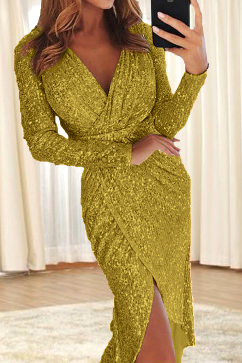 Sexy Elegant Solid Sequins V Neck A Line Dresses(8 Colors)