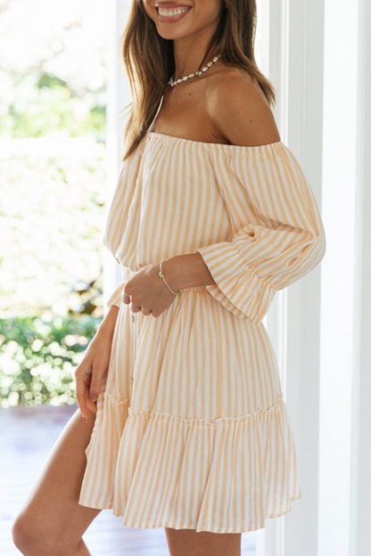 Casual Striped Buckle Stringy Selvedge Off the Shoulder A Line Dresses