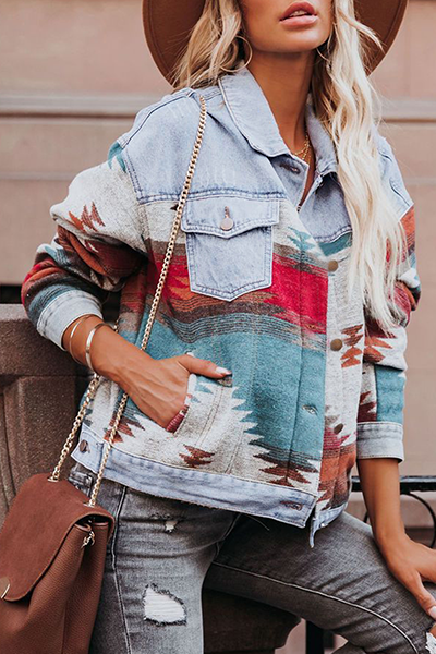 Casual Street Print Split Joint Buckle Turndown Collar Long Sleeve Denim Jacket