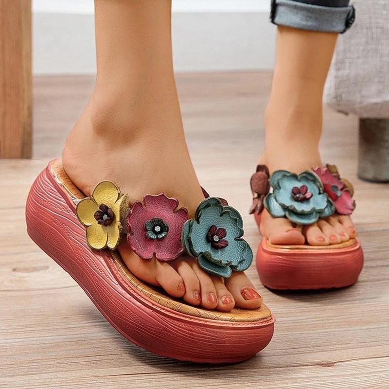 Women Bohemia Pu Flower Flip-flop Platform Heel Sandals