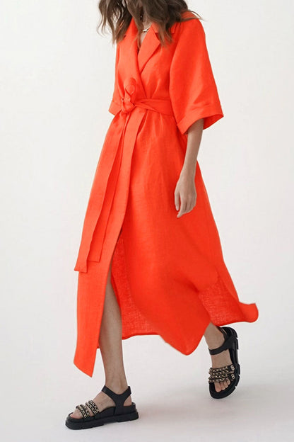 Casual Solid Bandage Patchwork Turn-back Collar Straight Dresses