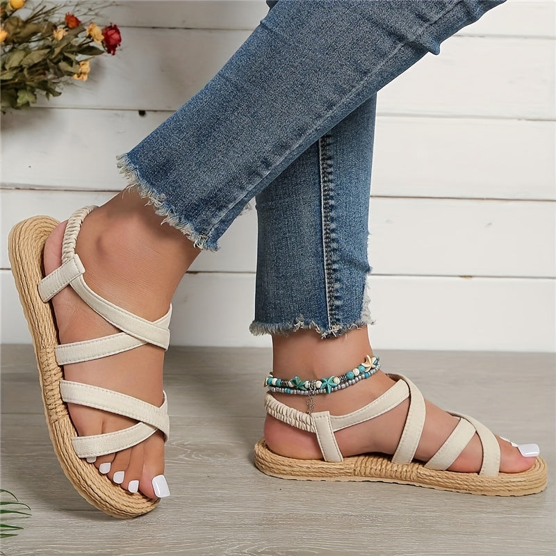 Elastic Strap Slip-On Sandals - Women's Flat Beach Shoes