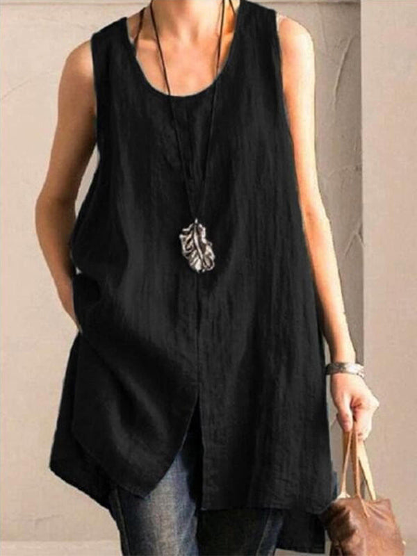 Solid Casual Sleeveless Slit High Low Blouse Tank Top