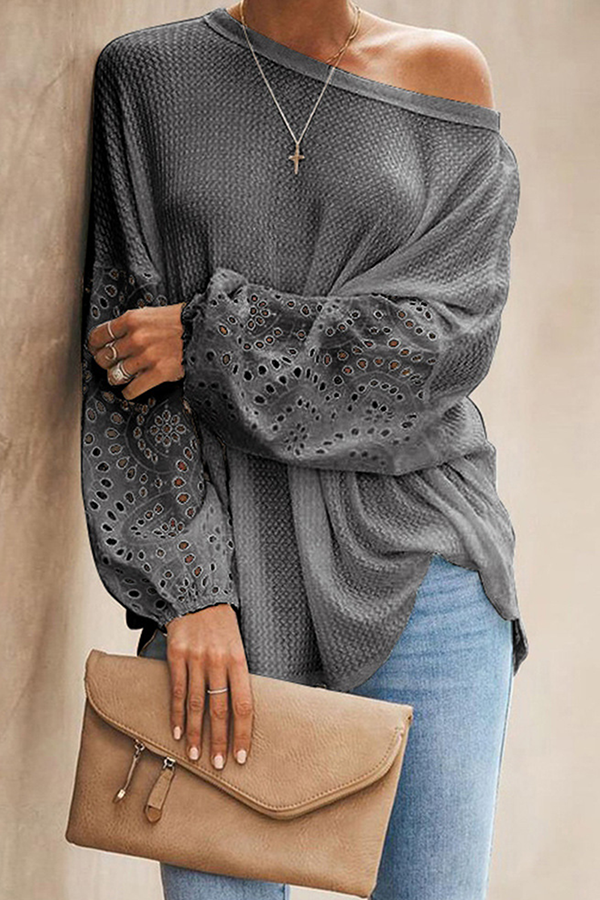 Casual Solid Hollowed Out Split Joint O Neck Tops(4 colors)