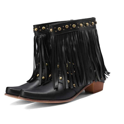 Women's Fringed Studs Chunky Heel Mid-Heel Ankle Boots 67007458C