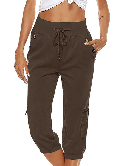 Women's Drawstring Cargo Pants Elastic Waist Casual Capri