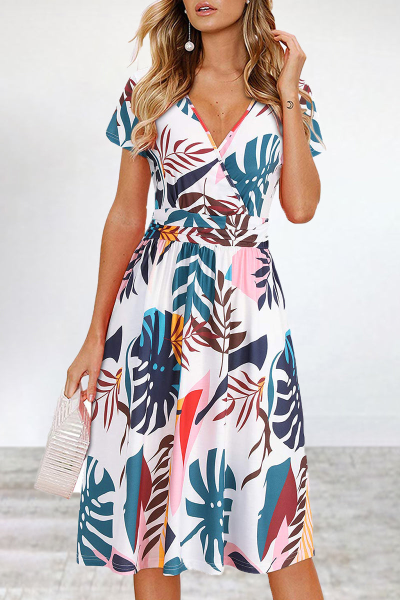 Elegant College Floral Patchwork V Neck A Line Dresses