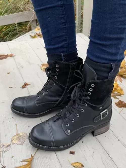 Retro Stitching Lace-up Zipper Boots