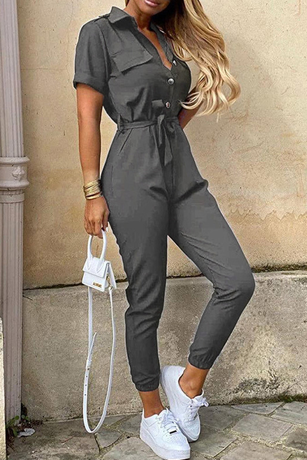 Casual Solid Buckle With Belt Turndown Collar Jumpsuits(12 Colors)