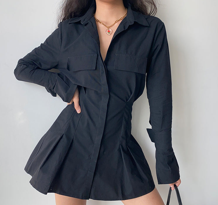 Trumpet Sleeve Button Up Dress