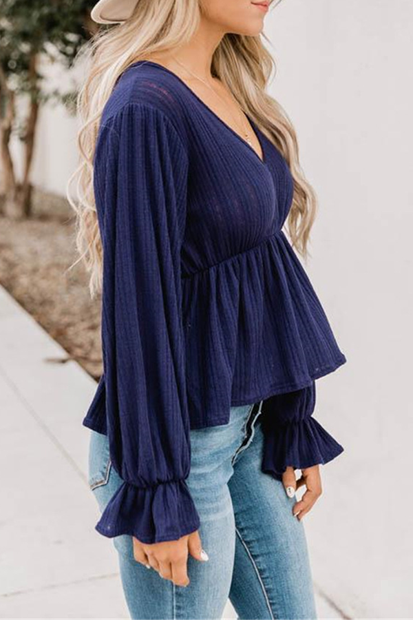 Casual Solid Split Joint Fold V Neck Tops