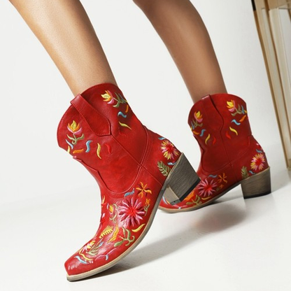 Embroidered Flowers Low-Heel Boots