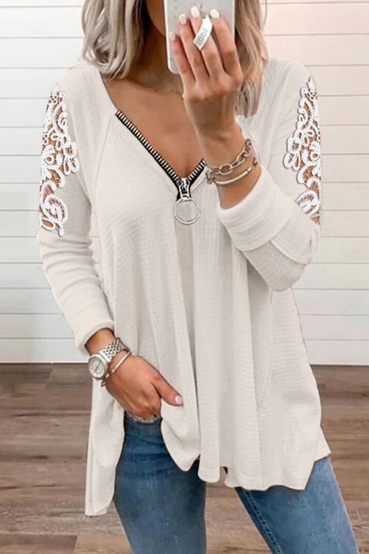 Casual Patchwork Lace Zipper V Neck Tops(4 Colors)