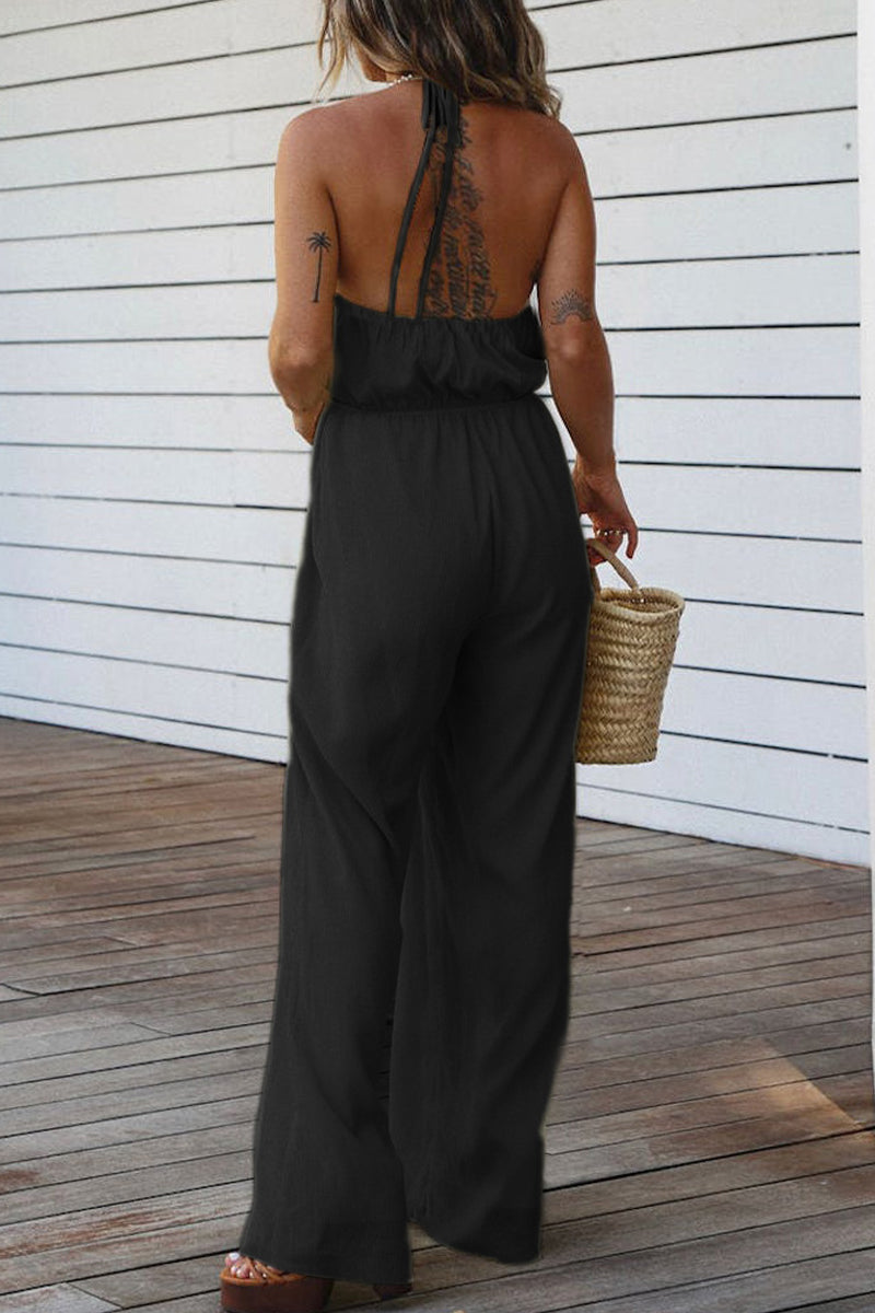 Casual Solid Backless V Neck Regular Jumpsuits