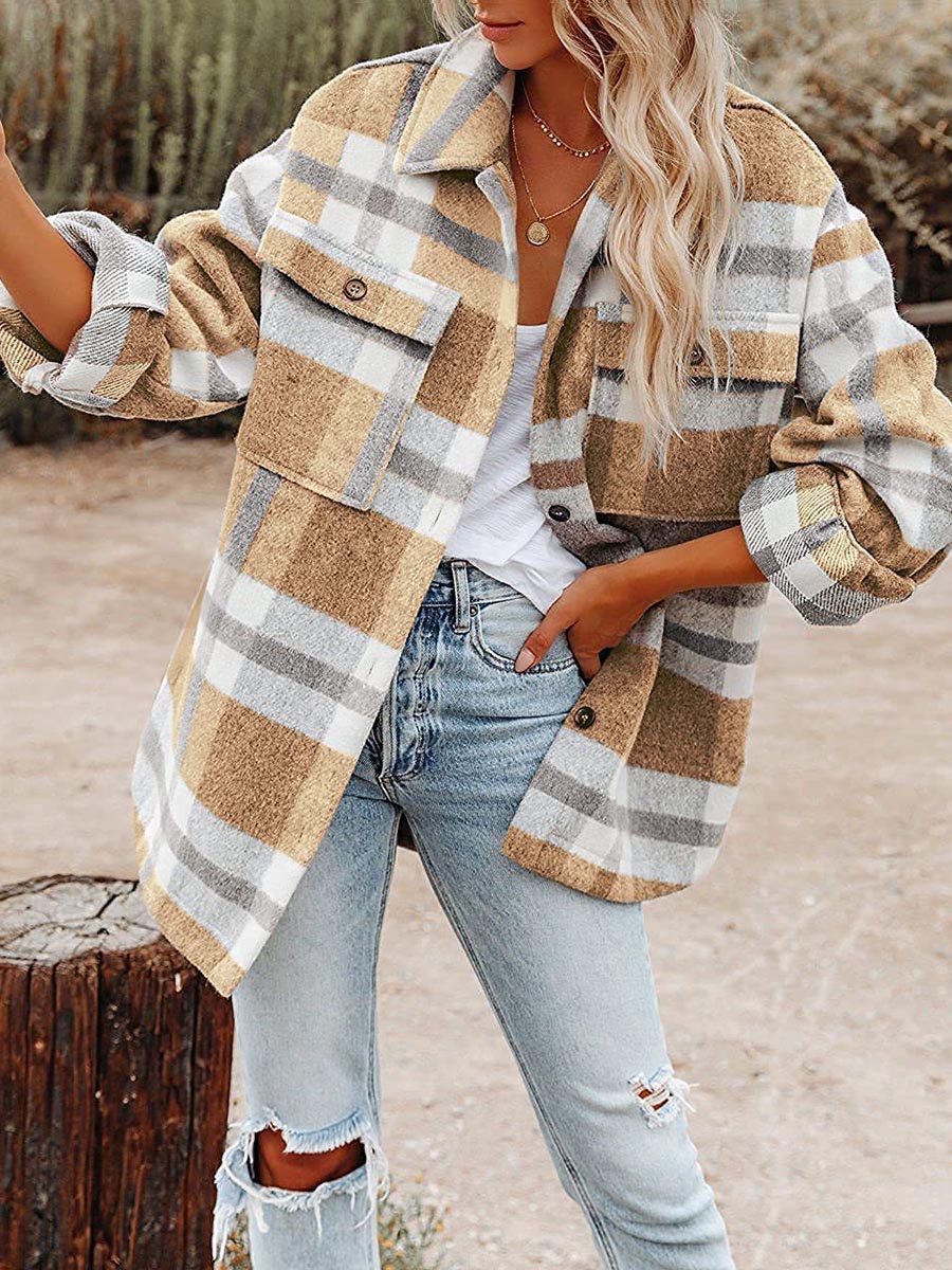 Plaid Button Long Sleeve Shacket