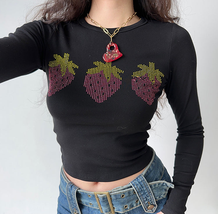 Strawberry Trio Longsleeve Shirt ~ HANDMADE