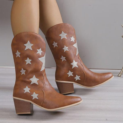 Women's Fashion Casual Star Chunky Heel Mid-calf Boots 79504262S