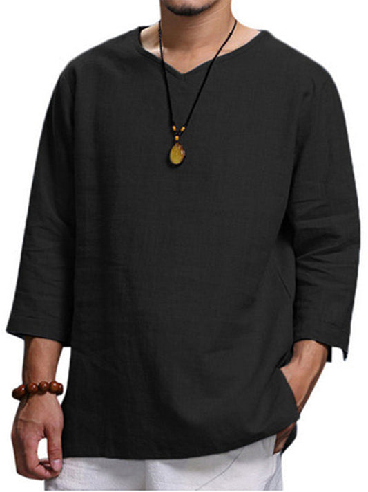 Men's Long Sleeve V Neck Loose Shirt