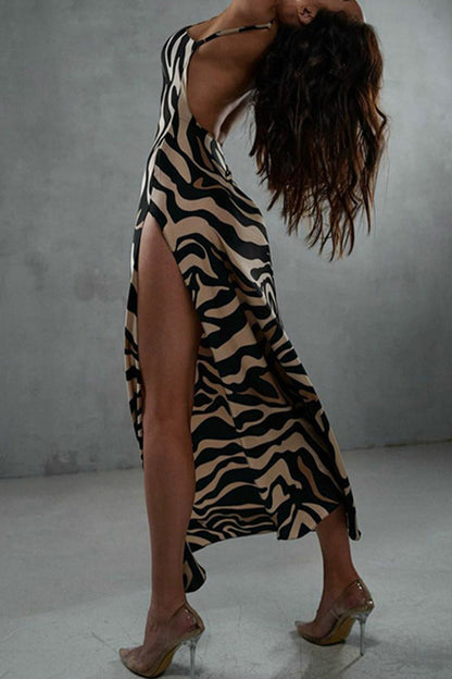 Sexy College Animal Print Print High Opening V Neck Sling Dress Dresses