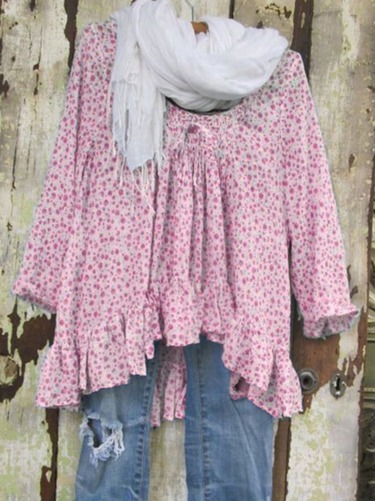 Womens Linen Printed Ruffled Hem Asymmetrical Casual Tee