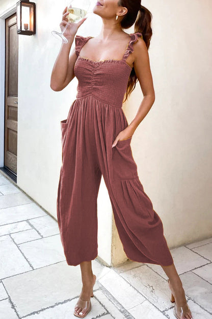 Casual Street Solid Patchwork Pocket Spaghetti Strap Straight Jumpsuits