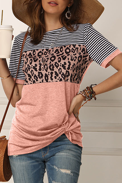 Casual Striped Leopard Split Joint Fold O Neck T-Shirts