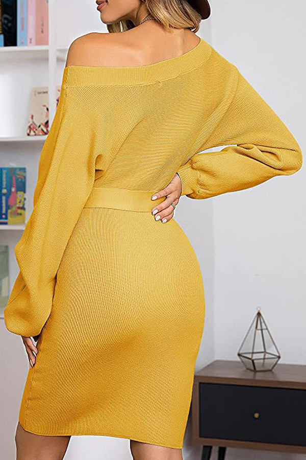 Fashion Elegant Solid Split Joint With Belt Oblique Collar Wrapped Skirt Dresses