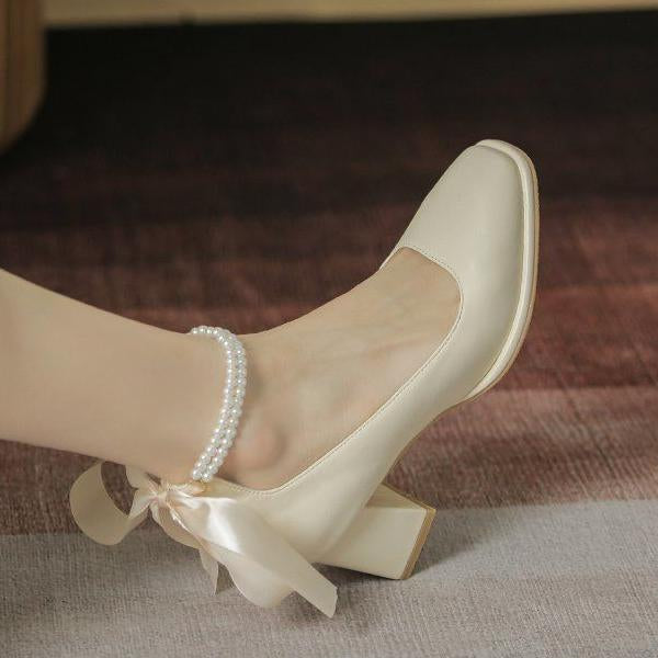 Women's Elegant Bow Knot Pearl Thick Heel Mary Jane 50382950S