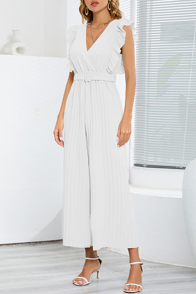 Casual Simplicity Solid With Belt V Neck Regular Jumpsuits