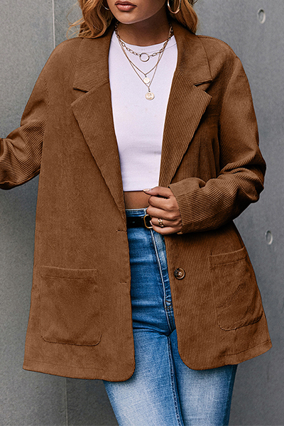 Casual Solid Pocket Buckle Turn-back Collar Outerwear