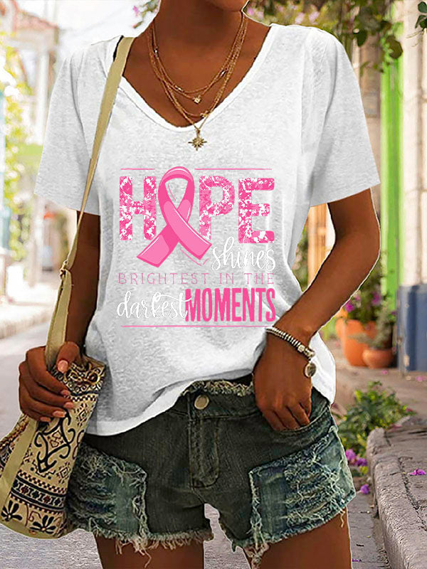 Hope Shines Pink Ribbon V-neck Short Sleeve T-shirt