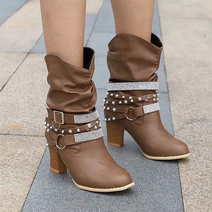 Women'S Chunky Heel Rhinestone Belt Buckle Round Toe Boots 02680696C