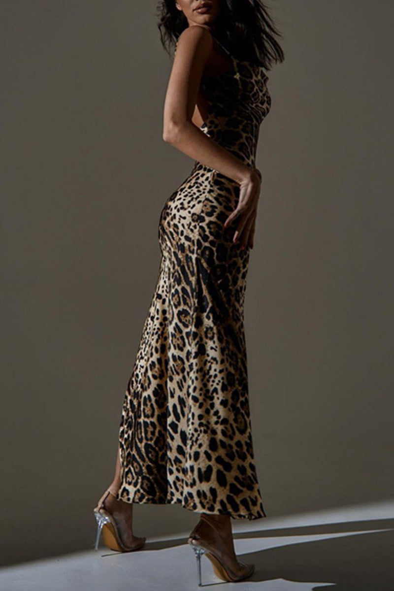 Sexy College Animal Print Print High Opening V Neck Sling Dress Dresses