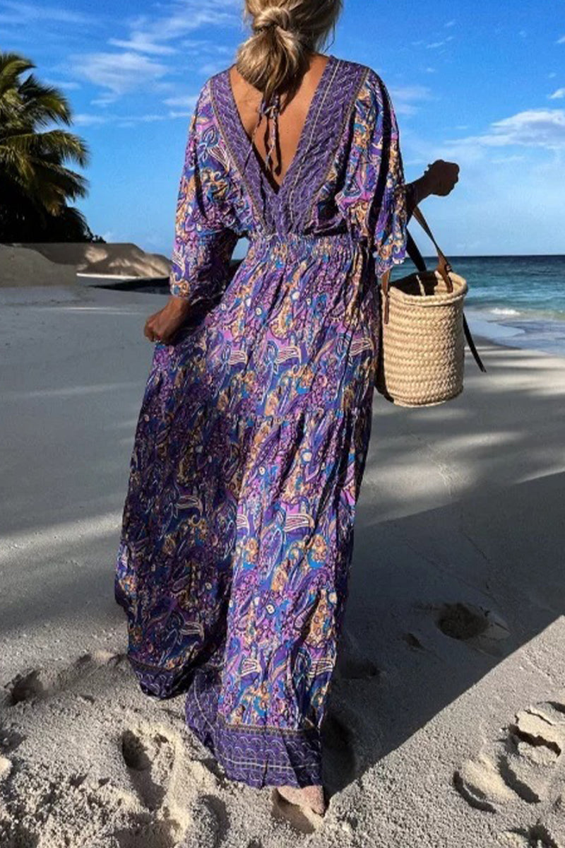 Fashion Print Printing V Neck Beach Dresses(3 colors)