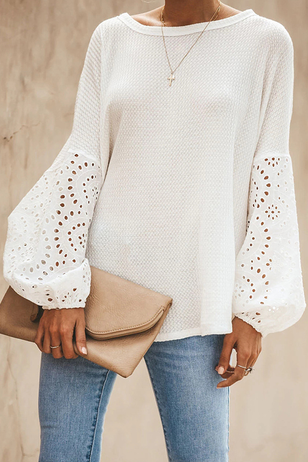 Casual Solid Hollowed Out Split Joint O Neck Tops(4 colors)