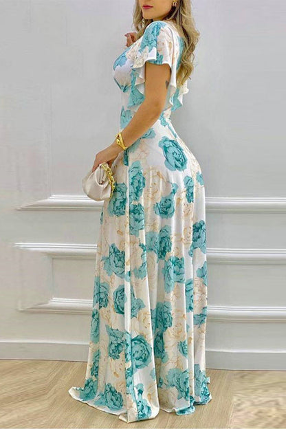 Elegant Floral Patchwork V Neck Irregular Dress Dresses